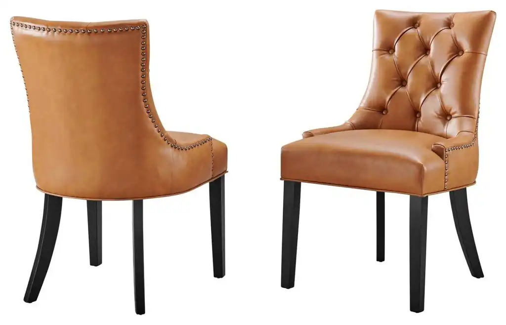Side Dining Chair, Rivet Nailhead, Set of 2, Tan, Faux Vinyl Leather, Kitchen