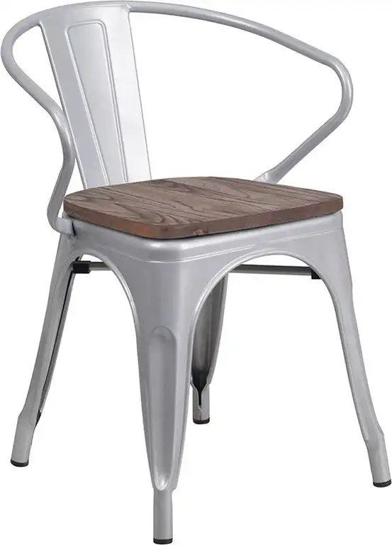 Silver Metal Chair With Wood Seat and Arms
