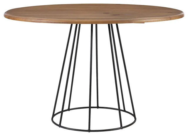 Sleek Dining Table, Round Pine Wood Top & Black Cage Base, Rustic Honey Finish