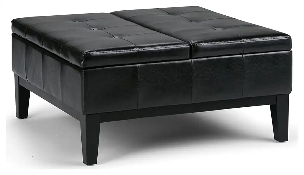 Square Faux Leather Ottoman with Tufted Top and Spacious Storage, Midnight Black