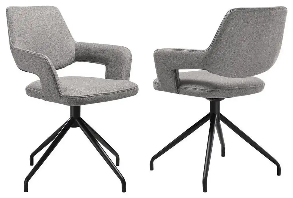 Swivel Upholstered Dining Chair in Gray Fabric with Black Metal Legs - Set of 2