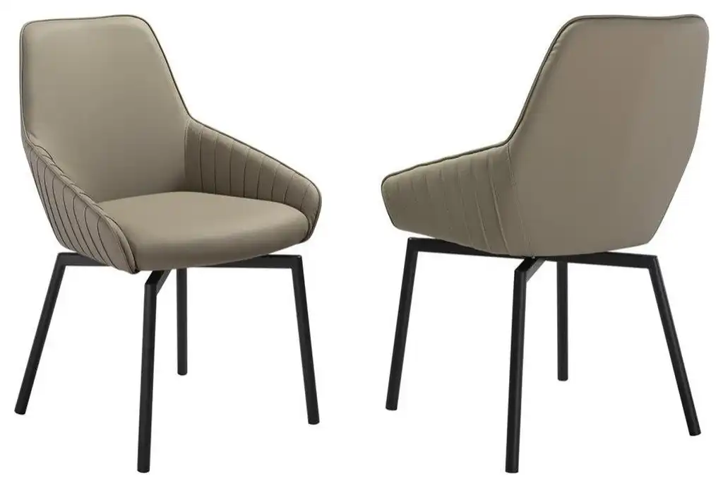 Swivel Upholstered Dining Chair in Taupe Gray Faux Leather Black- Set of 2