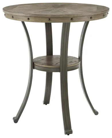 Tall Round Dining Table with Wood Inlay Top and Curved Metal Base, Pewter