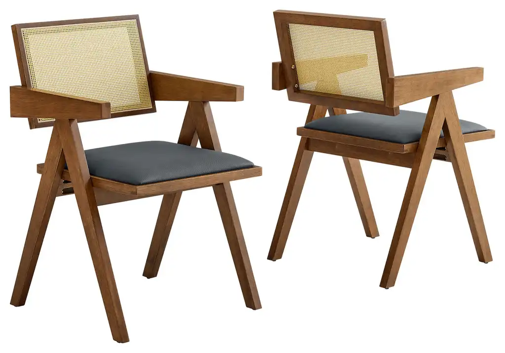 Thera Vegan Leather Cane Dining Armchairs Set of 2, Walnut Black