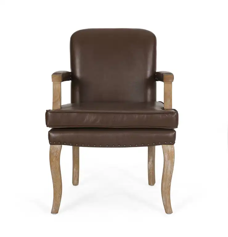 Tim French Country Upholstered Dining Arm Chair With Nailhead Trim, Dark Brown/Natural Brown, Pu/Rubber Wood