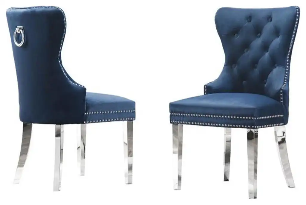 Tufted Navy Blue Velvet Side Chairs with Silver Stainless Steel (Set of 2)