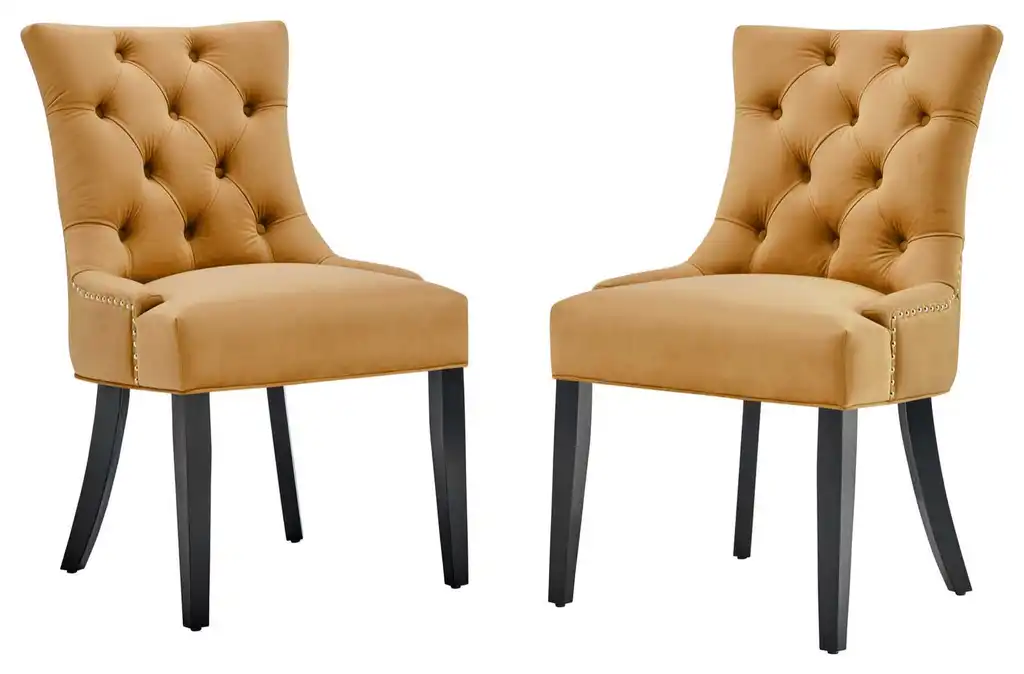 Tufted Side Dining Chair, Set of 2, Velvet, Wood, Brown, Cafe Bistro Restaurant