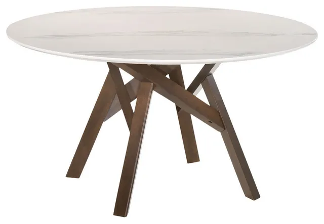 Venus 54" Round White Marble Dining Table With Walnut Wood Legs