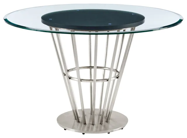 Veronica Round Dining Table With Metal Base, Walnut and Glass Top