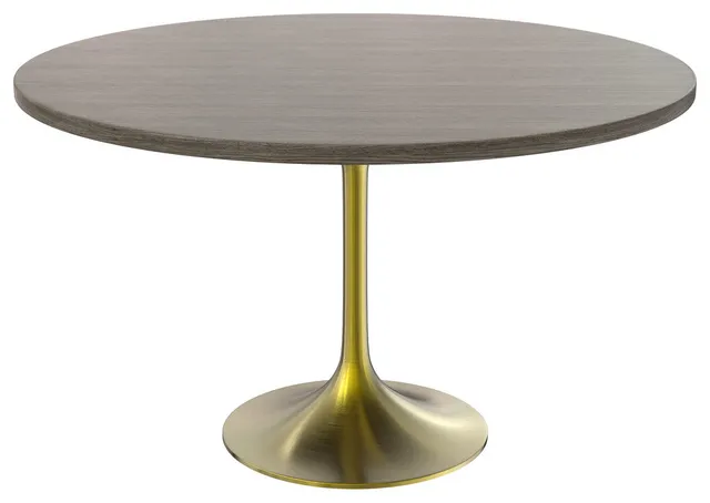 Verve 48 Round Dining Table, Brushed Gold Base with Dark Maple MDF Top