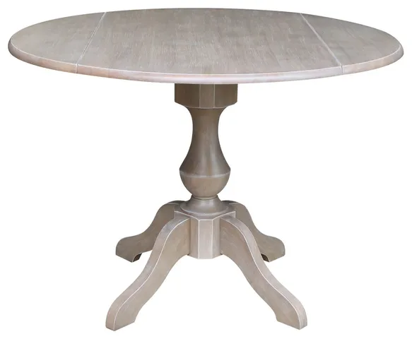 Washed Gray Taupe Dining Table, Elegant Pedestal Base & Dual Drop Leaves, 30.3" H