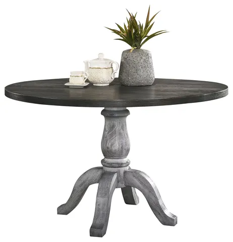 Weathered White and Gray Pedestal Dining Table With Round Oak Veneer Top