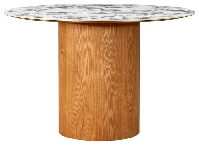 White Marble Ceramic Round Dining Table, 47" Kitchen Table Wooden Base