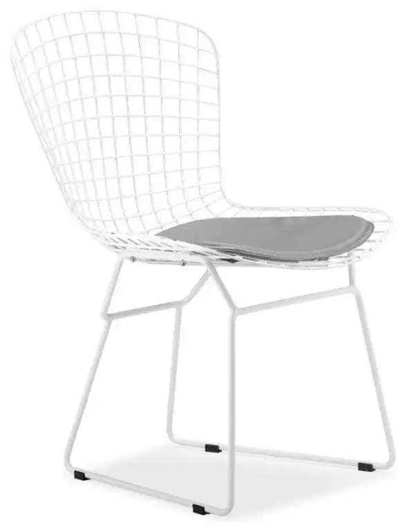 Wire Dining Side Chair in White Frame, Gray Seat Pad