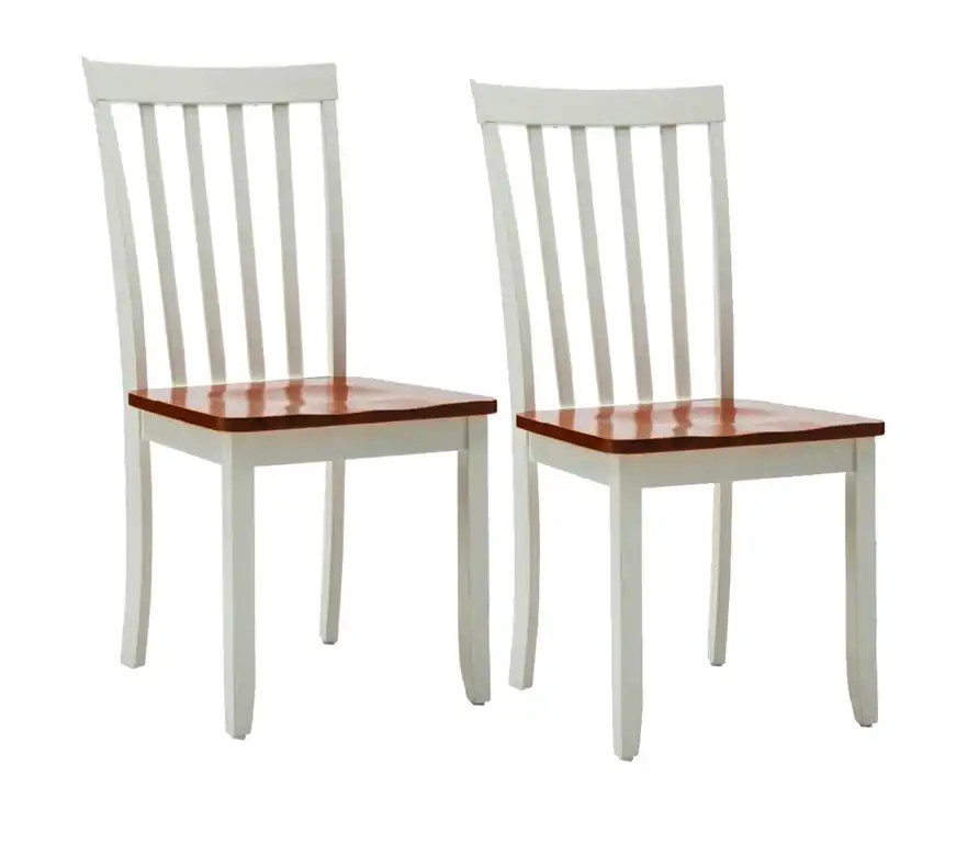 Wooden Seat Dining Chair with Slatted Backrest, Set of 2, Brown and White
